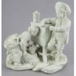 A late eighteenth century Derby bisque figure group of the peepshow, c. 1785. It is inscribed 94