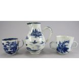 A group of three mid to late eighteenth century Chinese hand-painted porcelain blue and white