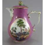 A late eighteenth century hand-painted Meissen chocolate pot and cover, c. 1770. It is decorated