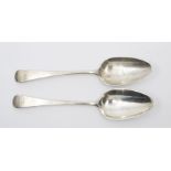 A pair of old English table spoons, London 1801, makers mark for R.C., inscribed initials, Length