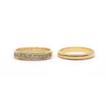 A 22ct yellow gold wedding band, 3.4g and a yellow gold diamond half hoop ring, set nine lightened