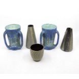 A pair of Bretby Art pottery 3 handled vases, green ground with blue dribbled overlay. Height approx