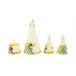 ** Re Offer Feb DEC ART £80-£120** Clarice Cliff condiment set and a sugar shaker (4)