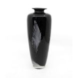 Art glass vase black ground with white splash decoration. Height approx 28.5cm. No signs of damage.