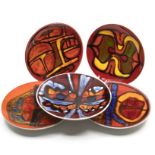 Poole Pottery: 5 Poole Pottery Delphis plates on a red ground, shape mark 3. Diameter approx 20cm.