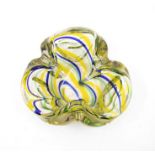 Murano clover base glass bowl with blue, green and yellow swirl pattern. Diameter approx 17cm.