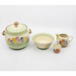 Clarice Cliff: A group of 4 Clarice Cliff Crocus pattern items to include biscuit barrel (lid