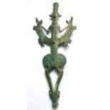 Luristan Bronze 'Master of Animals' Sceptre Finial.  Circa, 1000BC. Copper-alloy, 204mm x 90mm,