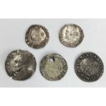 Charles I, group of four Pennies (one holed) with one other silver hammered coin.