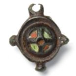 Roman Enamel Brooch.  Circa, 1st-2nd century AD. Copper-alloy, 8.54 g, 28.38 mm. An early form of