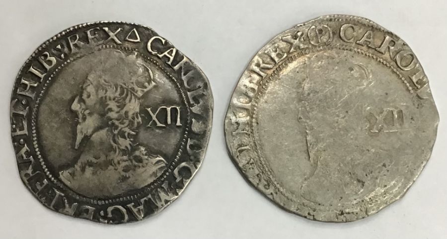 Two Charles I, Shillings mm Triangle 1639-40 & mm P in brackets (under Parliament)