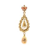 An Imperial Russian gold, diamond, garnet and pearl drop pendant, the pear shaped pendant set with