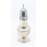 A large George I style silver octagonal caster, pierced domed cover with baluster finial, hallmarked