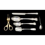 A collection of silver flatware to include: King's pattern dessert spoon, by Elkington & Co.,