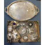A large collection of silver plate, EPNS, EP to include: Art Deco four piece tea service; two