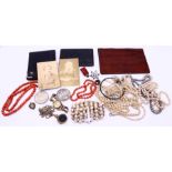 A collection of costume jewellery to include gold mounted coral necklace, A gold Fob, Victorian star