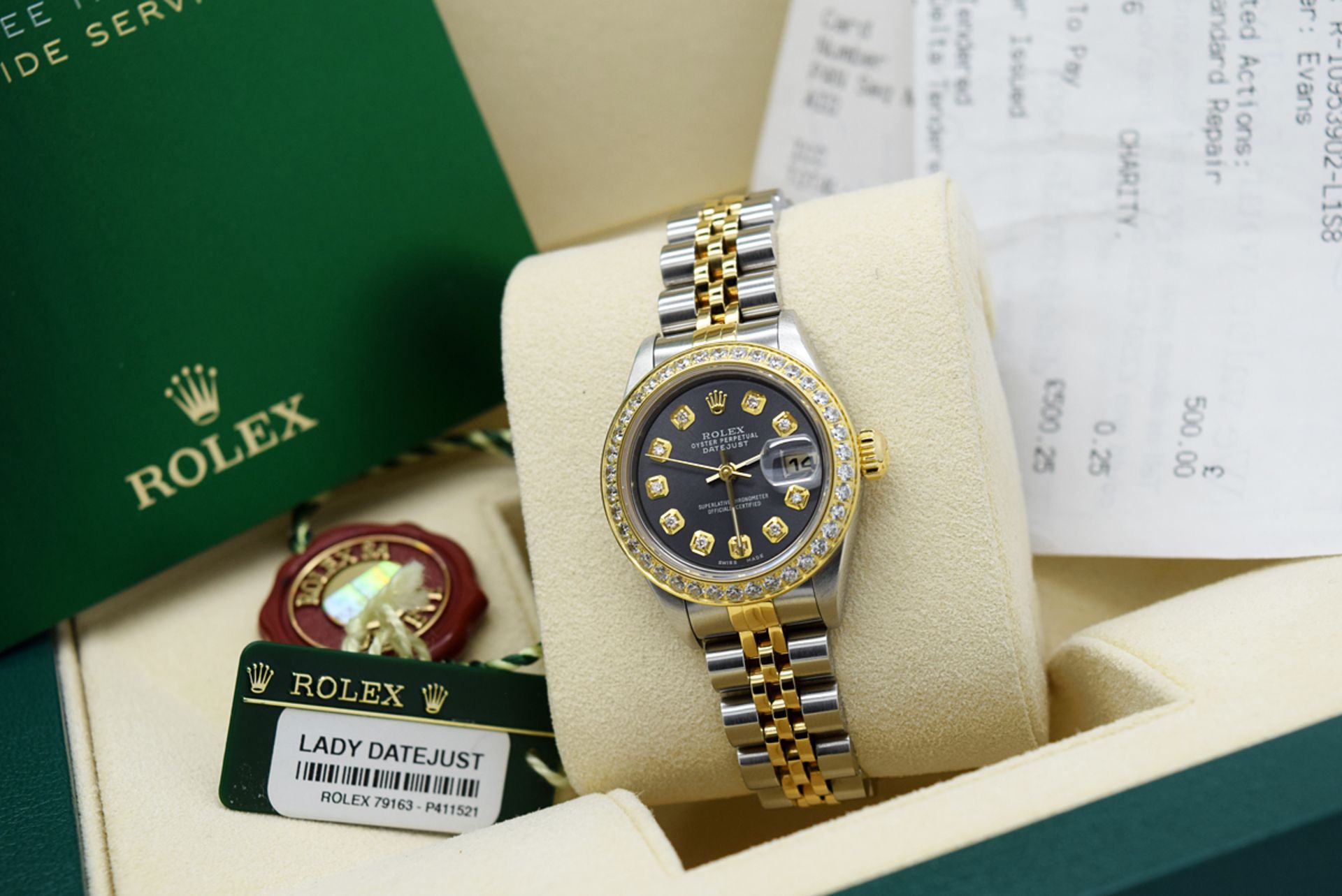 Ladies Rolex Datejust 26' 18k Gold & Stainless Steel (Grey Diamond Dial) Boxset and Service Receipts - Image 11 of 11