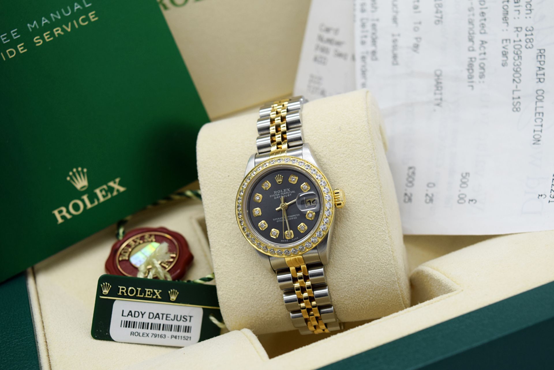 Ladies Rolex Datejust 26' 18k Gold & Stainless Steel (Grey Diamond Dial) Boxset and Service Receipts - Image 6 of 11