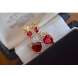 9ct Yellow Gold Ruby & Diamond Drop Earrings (Heart Shaped & Pear Shaped Rubies)