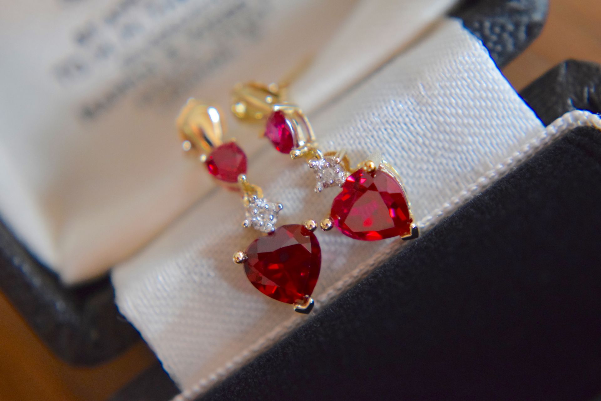 9ct Yellow Gold Ruby & Diamond Drop Earrings (Heart Shaped & Pear Shaped Rubies)