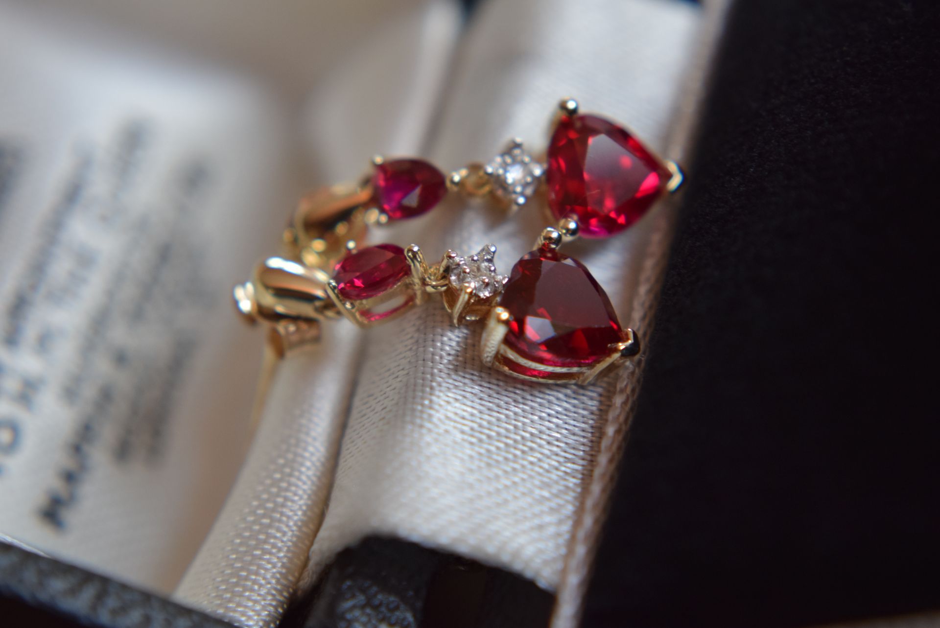 9ct Yellow Gold Ruby & Diamond Drop Earrings (Heart Shaped & Pear Shaped Rubies) - Image 6 of 11