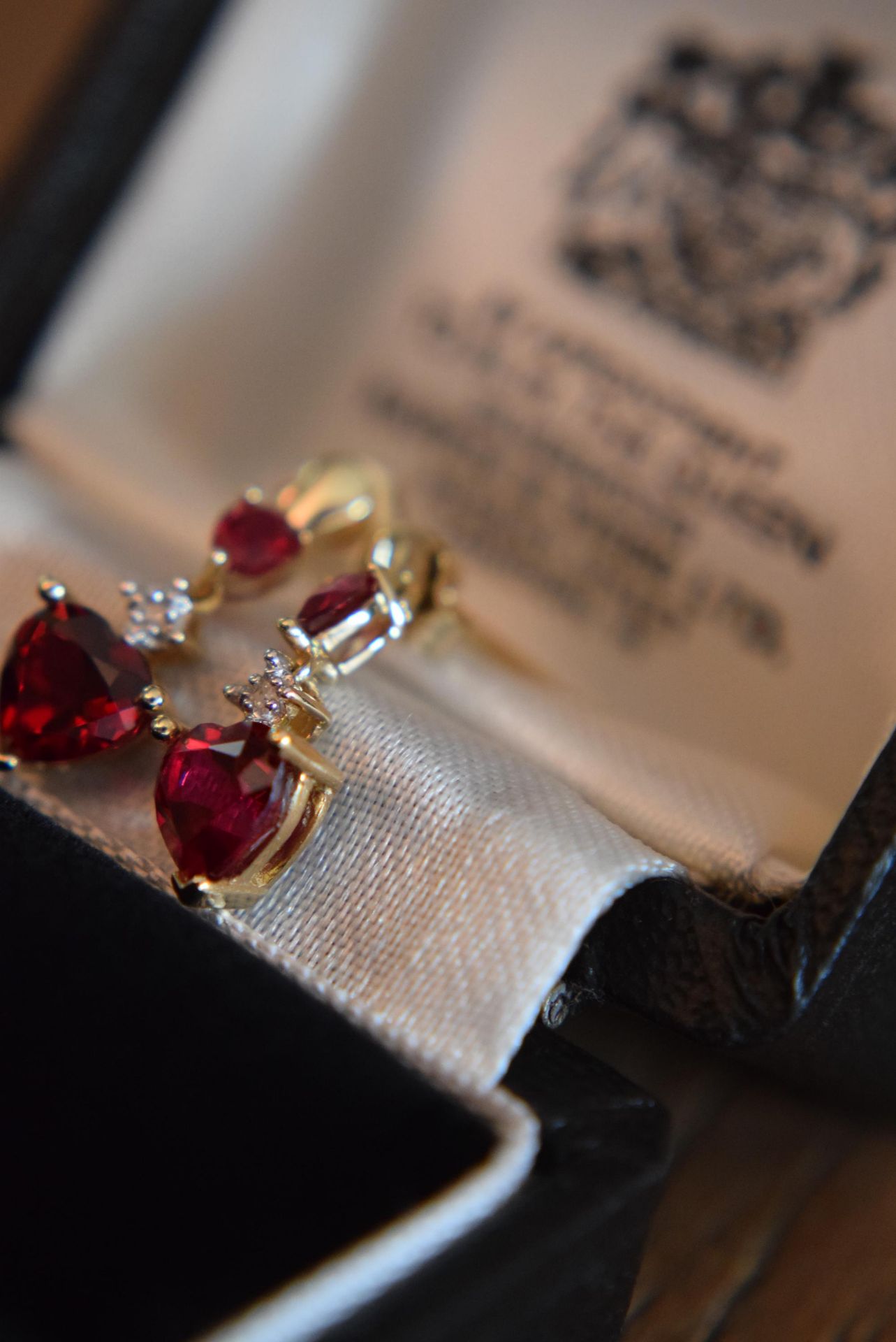 9ct Yellow Gold Ruby & Diamond Drop Earrings (Heart Shaped & Pear Shaped Rubies) - Image 5 of 11