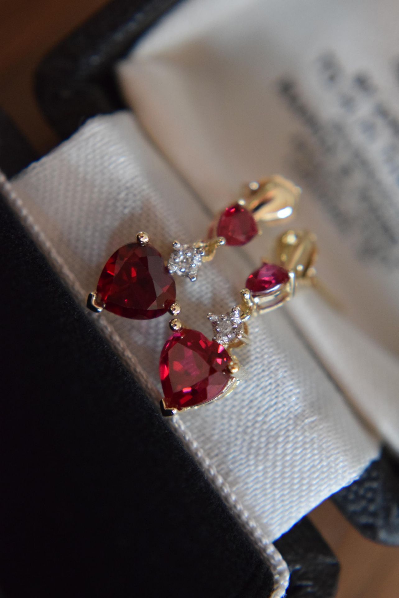 9ct Yellow Gold Ruby & Diamond Drop Earrings (Heart Shaped & Pear Shaped Rubies) - Image 3 of 11