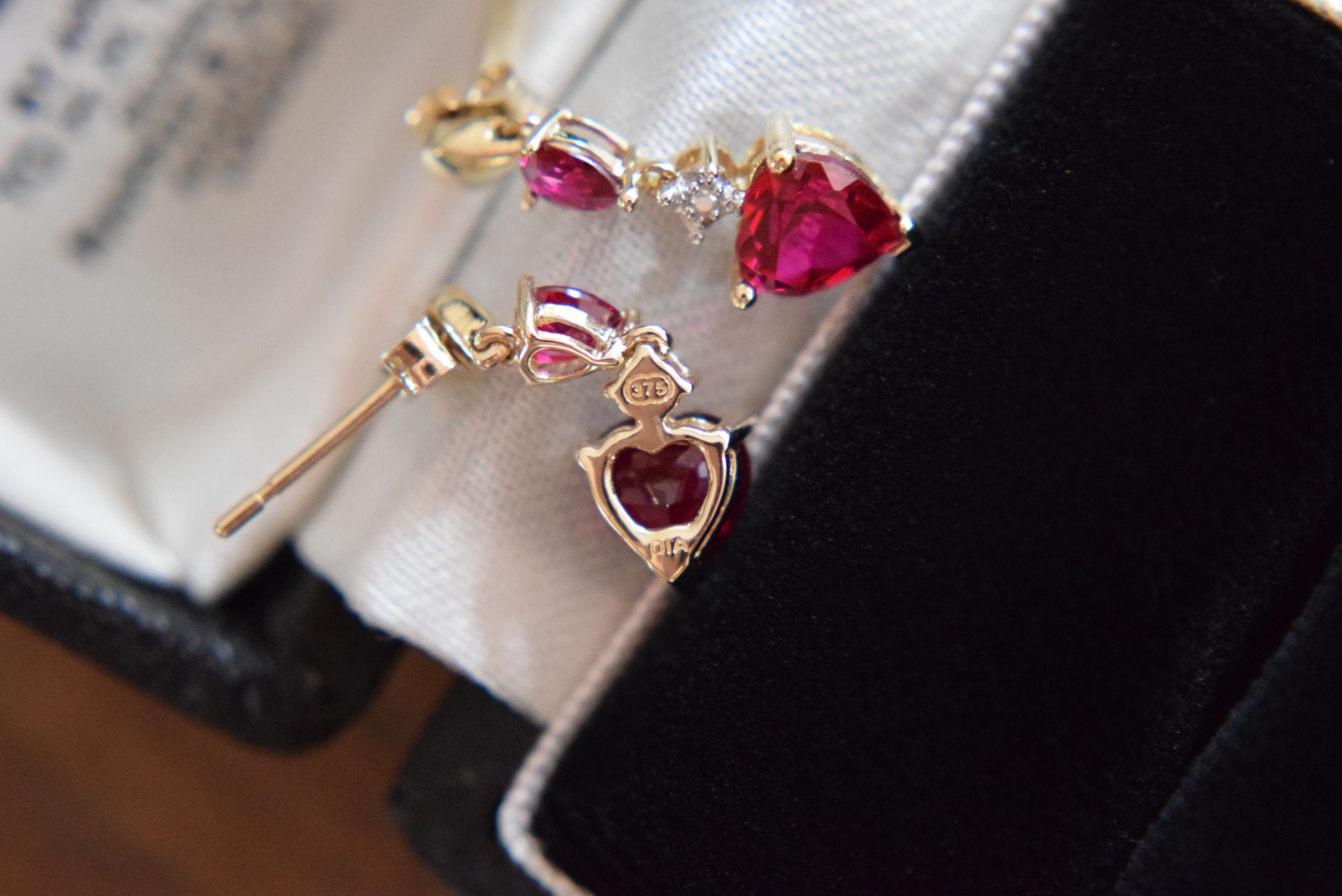 9ct Yellow Gold Ruby & Diamond Drop Earrings (Heart Shaped & Pear Shaped Rubies) - Image 7 of 11