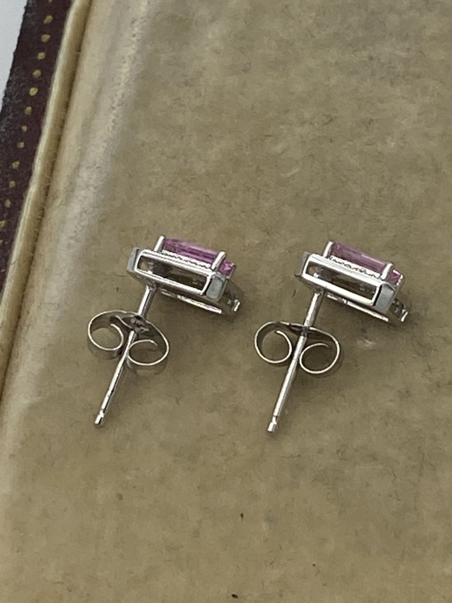 9ct WHITE GOLD PINK SAPPHIRE & DIAMOND EARRINGS - Image 2 of 3