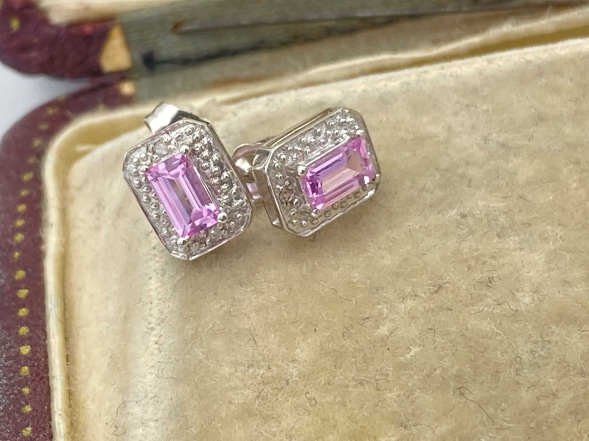 9ct WHITE GOLD PINK SAPPHIRE & DIAMOND EARRINGS