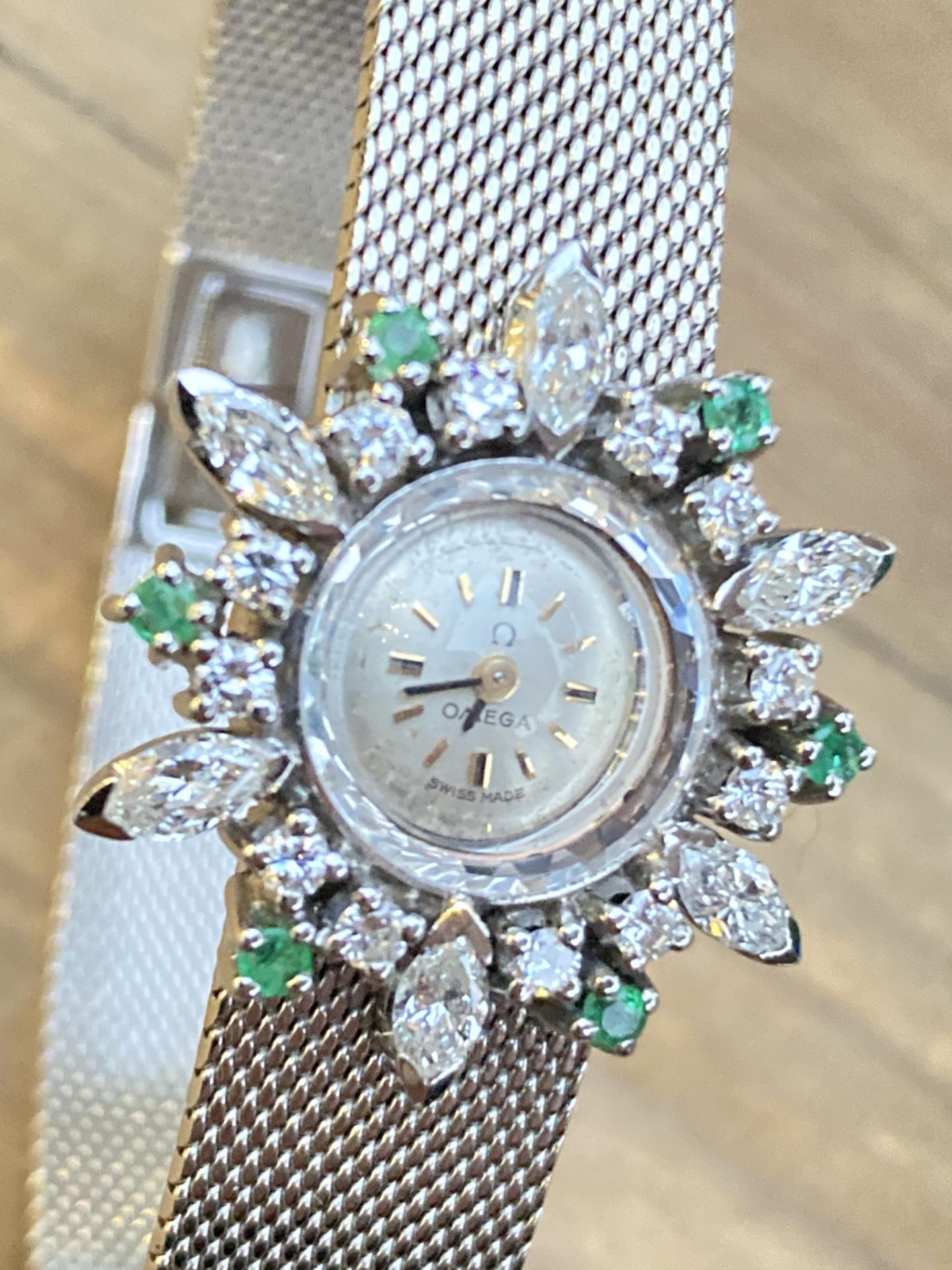 OMEGA DIAMOND & EMERALD WHITE GOLD COCKTAIL WATCH, ART DECO/ ESTATE STYLE, APPROX 22MM CASE WIDTH