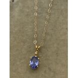 9ct GOLD TANZANITE & DIAMOND PENDANT & CHAIN