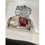 1.47CT SQUARE CUT ALMANDINE GARNET & DIAMOND RING, 18CT WHITE GOLD