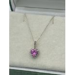 9ct GOLD PINK SAPPHIRE & DIAMOND PENDANT & CHAIN