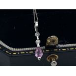 9ct WHITE GOLD PINK SAPPHIRE & DIAMOND PENDANT & CHAIN