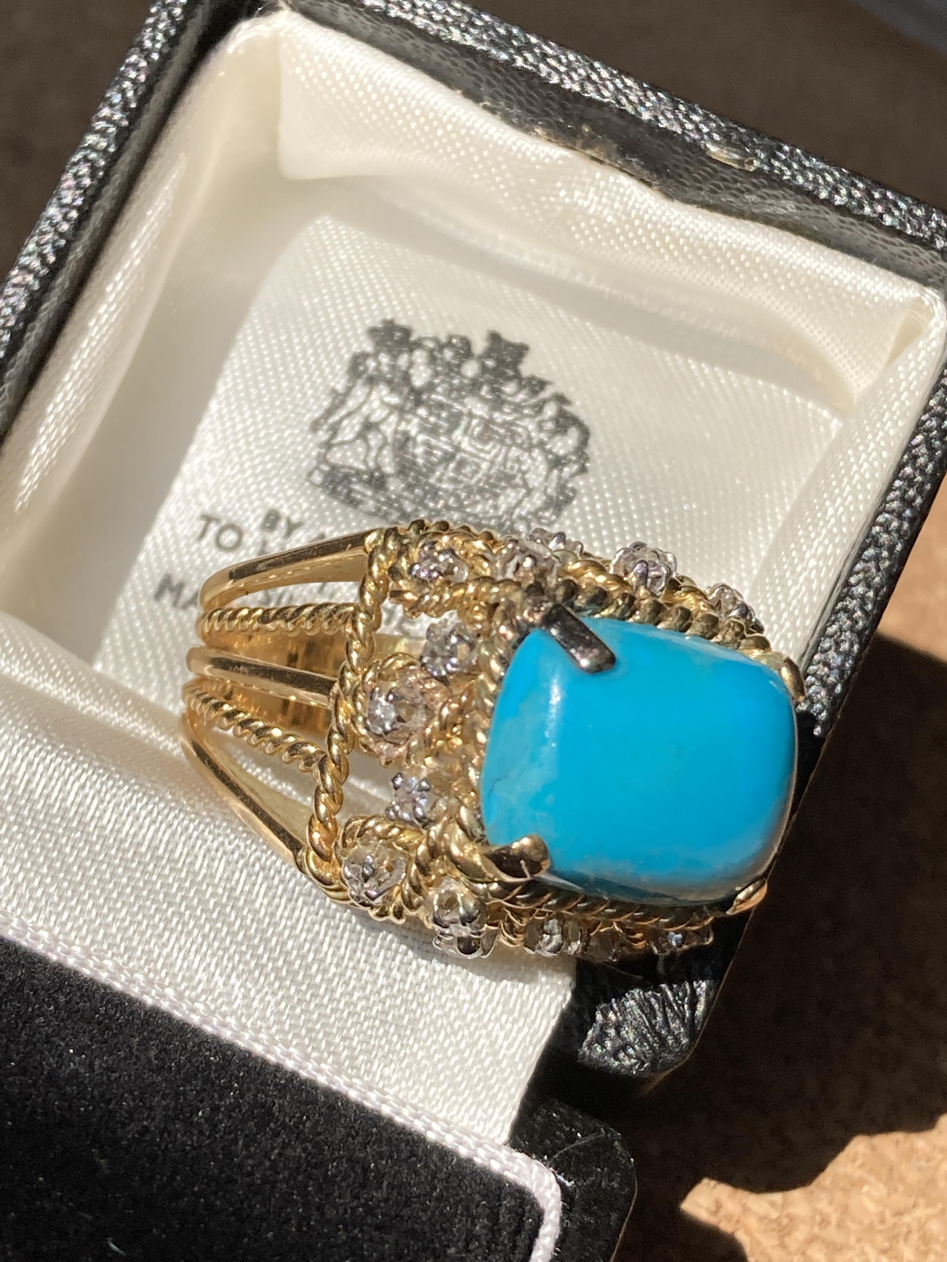 19G 18CT YELLOW GOLD TURQUOISE & DIAMOND COCKTAIL RING