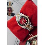 ROLEX DATEJUST MENS STAINLESS STEEL & 18CT YELLOW GOLD - RED/ BLACK VIGNETTE DIAMOND DIAL