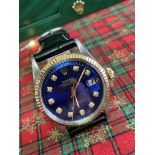 ROLEX DATEJUST BIMETAL DIAMOND SET WATCH - BLUE DIAL ON LEATHER BRACELET