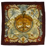 HERMES "Aloha" twill carrŽ scarf 90 cm twill silk carrŽ scarf, beige ground with burgundy border,