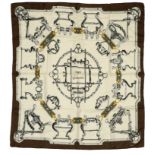 HERMES "Mors et gourmettes" twill carrŽ scarf 90 cm silk brocade carrŽ scarf, beige ground with