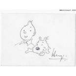 HergŽ Tintin and Milou Signed autograph with original drawing of Tintin and Milou in black ink on