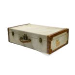 HERMES Suitcase Heather beige canvas and camel leather, camel topstitch. Lock with polished brass