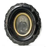 Portrait of a seated man CA. 1850 1/2 plate daguerreotype in its carved and black-lacquered wood