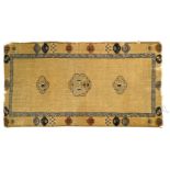 Rug CHINA Yellow damask ground featuring dentil motifs, three blue dragon medallions, a floral and
