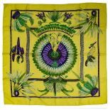 HERMES "Brazil" twill carrŽ scarf 90 cm twill silk carrŽ scarf, canary yellow ground and border,