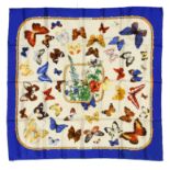 HERMES "Farandole" twill carrŽ scarf 90 cm twill silk carrŽ scarf, beige ground with electric blue