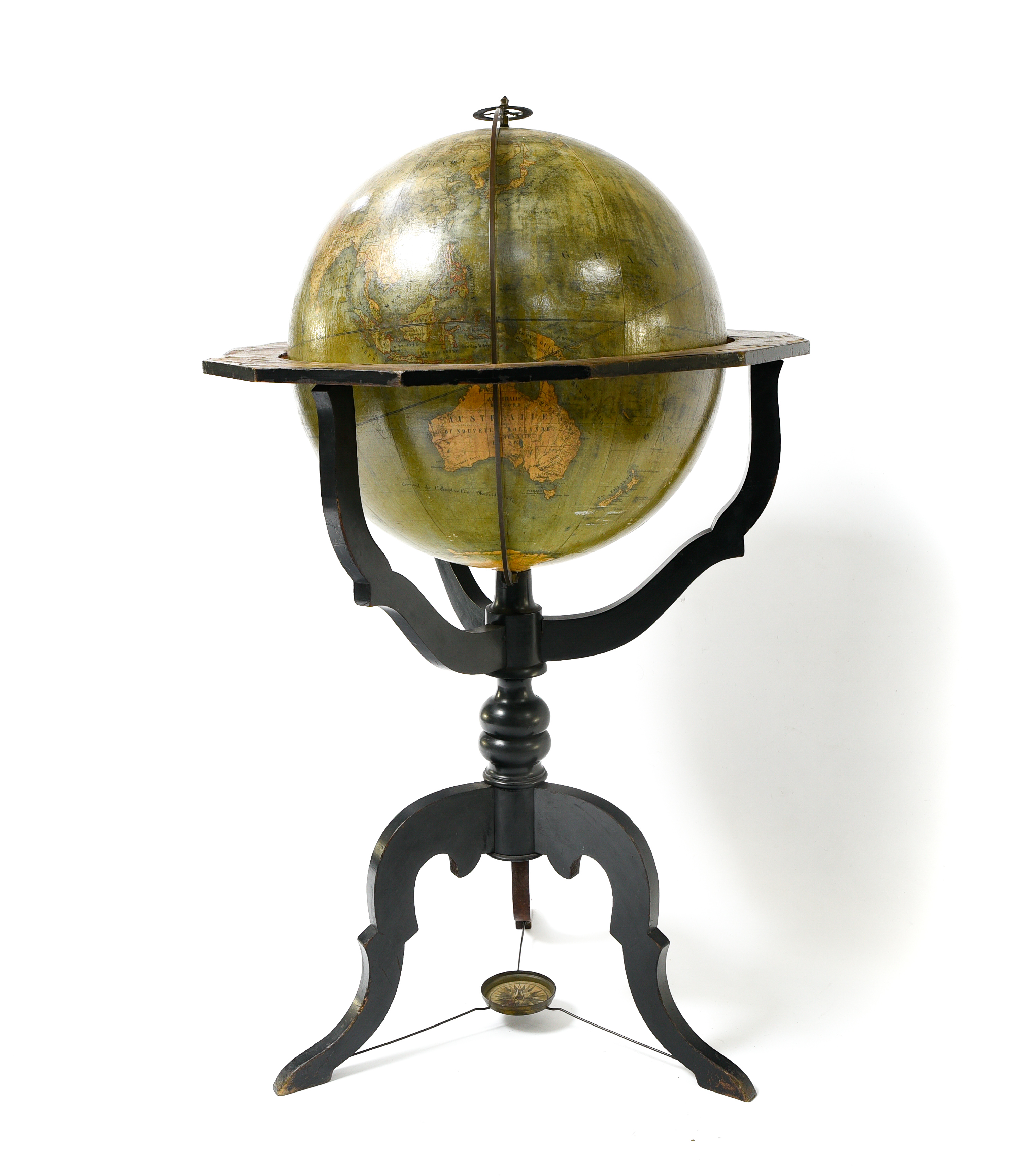 Globe 19TH CENTURY FRENCH WORK Printed paper, engraved gilt brass meridian, equatorial table