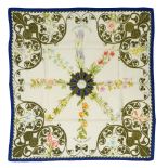 HERMES "Arabesques" twill carrŽ scarf 90 cm twill silk carrŽ scarf, white ground with blue border,