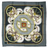 HERMES "Washington's carriage" twill carrŽ scarf 90 cm twill silk carrŽ scarf, grey, gold and