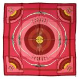 HERMES "Arcs - en - ciel" twill carrŽ scarf 90 cm twill silk carrŽ scarf, raspberry pink ground with